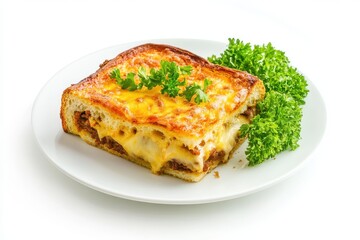 Sandwich croque monsieur on white plate isolated on white background