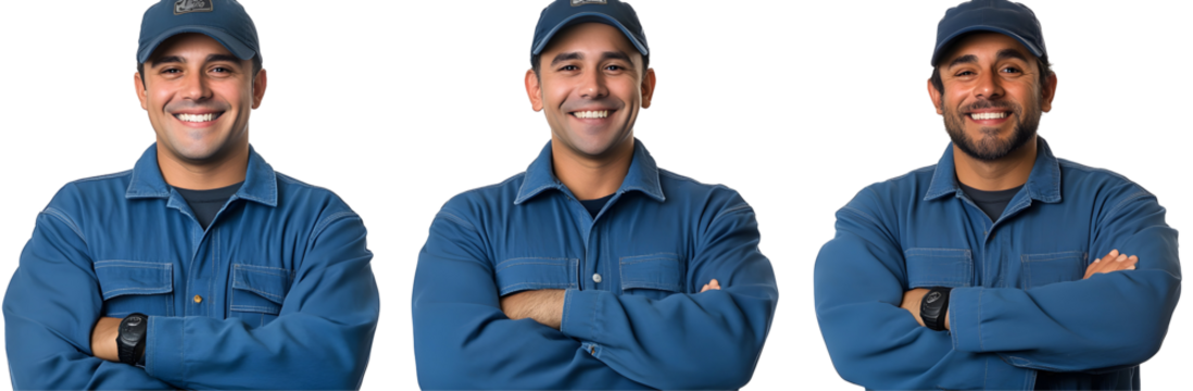 Smiling Workers Wearing Denim, Arms Crossed, Isolated on White Background. - Powered by Adobe