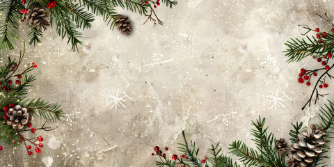 Christmas greeting card with fir branches, cones, and snowflakes, featuring a festive holiday design and green pine decorations,Generated By Ai