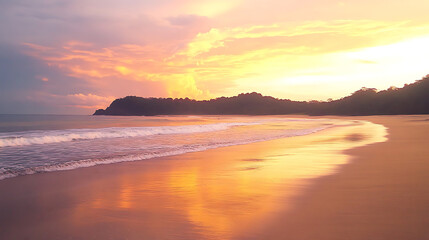 Golden Hour Beachscape: A serene and captivating seascape unfolds as the sun sets, casting a golden glow over the tranquil waters and sandy shores. The sky above is a canvas of vibrant hues.