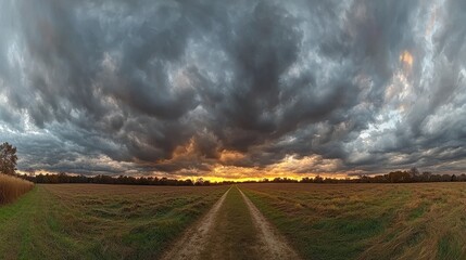 Dramatic storm clouds over field at sunset landscape nature scene outdoor viewpoint