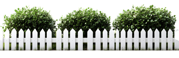 Fototapeta premium White picket fence with green bushes, isolated on transparent background.