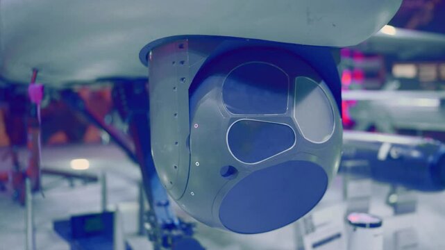 Detailed view of optronic camera on drone at defense technology event.