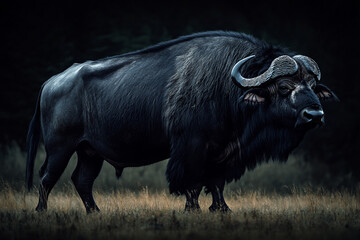 Black buffalo side profile, majestic stance, dusk lighting 32k, full ultra hd, high resolution