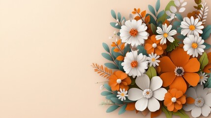 Fototapeta premium Vibrant Orange and White Floral Bouquet Arrangement with Daisies and Marigolds on Soft Pastel Background Beautiful Seasonal Flowers in Organic Botanical Design