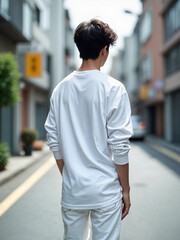Fototapeta premium Asian Man Wearing White Long Sleeve Tshirt - Back Pose in City Setting