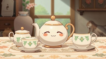 An adorable and cute vintage tea set depicted in Isekai anime style, featuring an expressive composition and charming features.