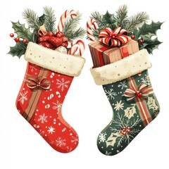 Festive Christmas Stockings Filled with Treats, Candy Canes, Pine Branches, and Colorful Gifts for Holiday Cheer and Decoration