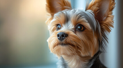 Curious yorkshire terrier dog poses with tilted head on Minimalist Background