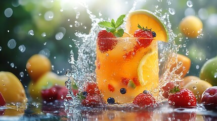 Refreshing fruit drink splashing with berries nature close-up