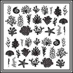 A huge collection of  sea coral reefs, star fish, sea shell. ocean animal silhouette illustration.