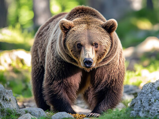 Obraz premium Brown bear searching for food in the forest