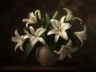 Lilies in a vase on a dark background, emphasizing sophistication and elegance, soft natural light.