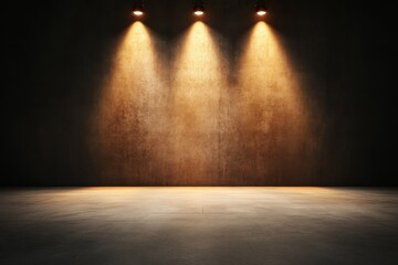 Empty stage with warm lights highlighting the textured wall and floor in a dark space