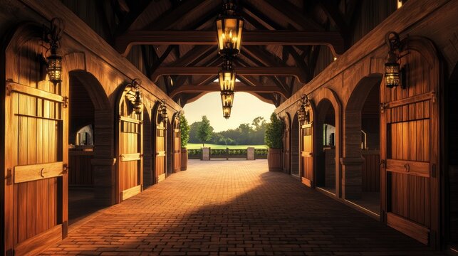 Sunlit equestrian stable interior with brick pathway.