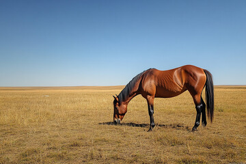 Obraz premium Brown horse grazing in wide-open meadow, clear skies