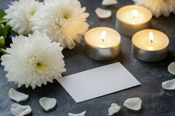 white chrysanthemums lit candles blank card