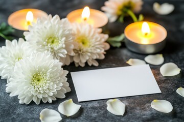white chrysanthemums lit candles blank card
