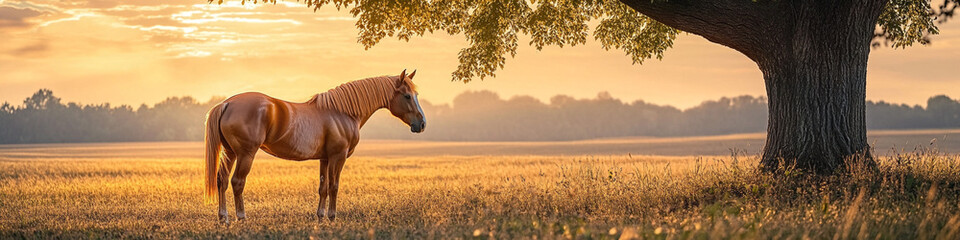 Fototapeta premium Brown horse standing by tree in open field, golden hour light