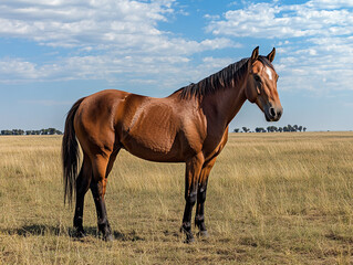 Brown horse under blue sky in open plain, distant trees