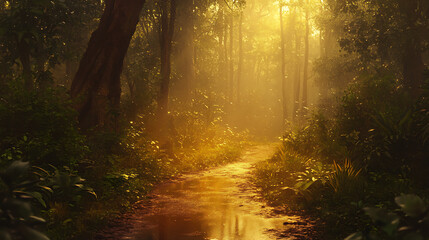 Golden Light Path:  A mystical forest path bathed in warm golden light, the air thick with mist, inviting exploration and introspection.  The path winds through a lush canopy of emerald green.