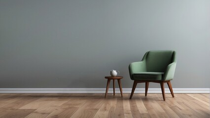 Green armchair with side table in a minimalist room