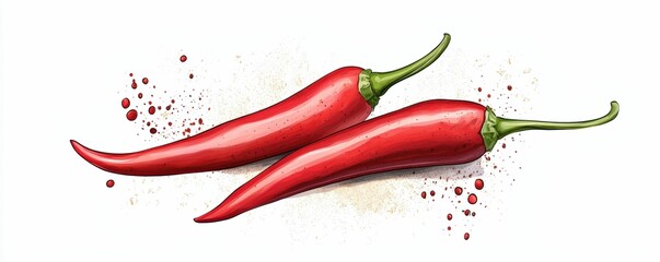 Two red chili peppers with splashes of seasoning.