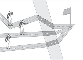 Career guidance and business merge, the leader stands at the top of the merged arrow and guides two businessmen on the fork in the road