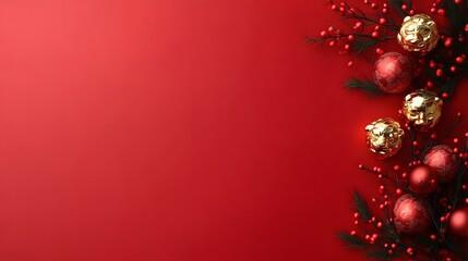 Red background with gold and red Christmas ornaments and berries.