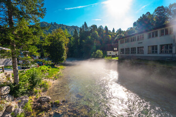 Radovna river flowing through vintgar gorge in the morning mist