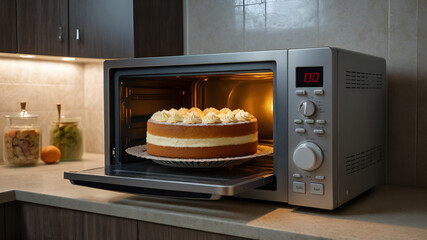 Cake baking in microwave oven 