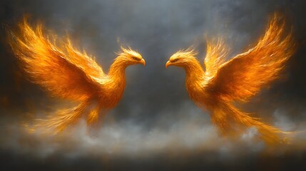 Obraz premium Two fiery phoenix birds facing each other in a smoky sky.