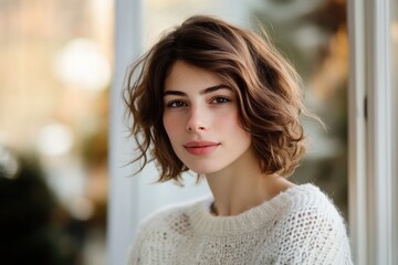 young woman soft natural lighting relaxed pose cozy sweater