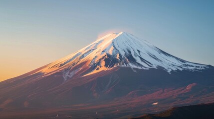 Mount Fuji with a snow-capped peak in dawn light, serene and majestic, natural early morning light, 24-70mm focal length.