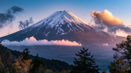 Mount Fuji with a snow-capped peak in dawn light, serene and majestic, natural early morning light, 24-70mm focal length.