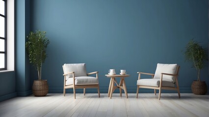 Fototapeta premium Modern living room with teal walls and wooden chairs