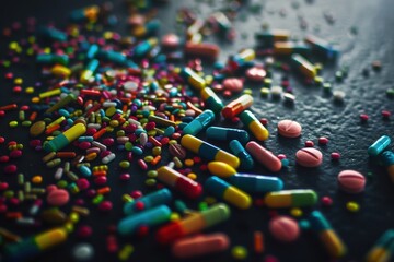 Multicolored medication capsules scattered on a dark background, vibrant and detailed. Soft studio lighting.
