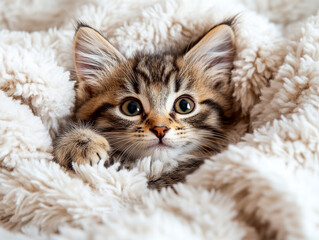 Cute kitten snuggled in fluffy bedding