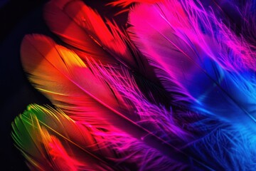 Fototapeta premium Neon glow feathers on a black background, vibrant glowing colors creating a striking contrast, soft lighting emphasizing the texture, macro lens capturing detailed view, 85mm macro lens.