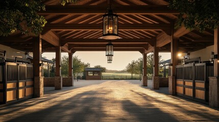 Luxurious horse stable entranceway with wooden beams, lanterns, and a paved courtyard. Tranquil, spacious, and elegant design.