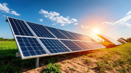 Rows of solar photovoltaic panels installed in a vast field generating renewable clean electricity  The solar farm is set against a scenic rural landscape bathed in the warm glow of sunrise or sunset