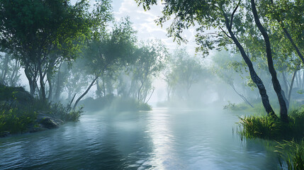 Fototapeta premium Serene River Mist: Sunlit morning mist shrouds a tranquil river winding through a lush, green forest. The scene evokes peace, mystery, and the beauty of untouched nature. 