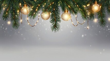 Christmas tree garland on transparent background. Realistic pine-tree branches with glowing sparkling Christmas lights decoration. Vector border for holiday banners, party posters, cards, headers.