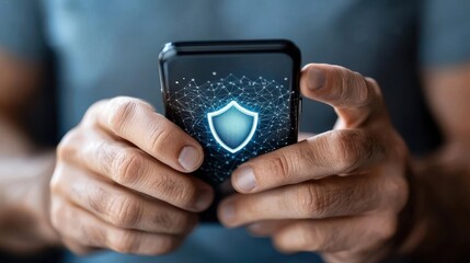 Mobile device displaying a futuristic digital shield icon representing cybersecurity data protection and safe online communication  The image symbolizes the importance of technology software