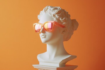 A classical white marble bust of a woman wearing modern orange-pink reflective sunglasses