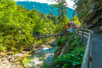 Wooden bridge crossing radovna river in vintgar gorge near bled, slovenia