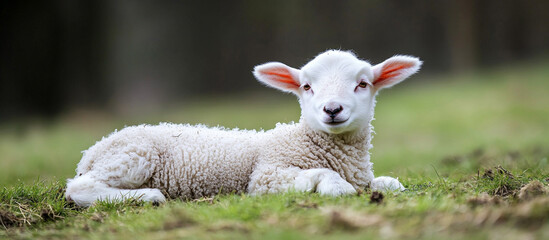 Naklejka premium Fluffy white lamb resting on a green field, blurry background