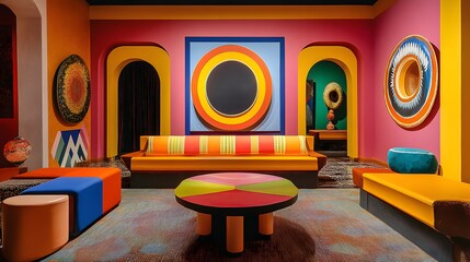 Vibrant Modern Living Room with Bold Colors and Artistic Design