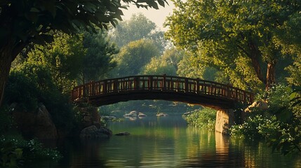 Obraz premium a rustic bridge spanning a wide, tranquil river, framed by lush greenery, the wooden structure blending seamlessly into the serene landscape, reflecting the calm waters below, creating a peaceful and 