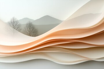 Waves of paper blend with misty mountains creating a serene landscape at dawn
